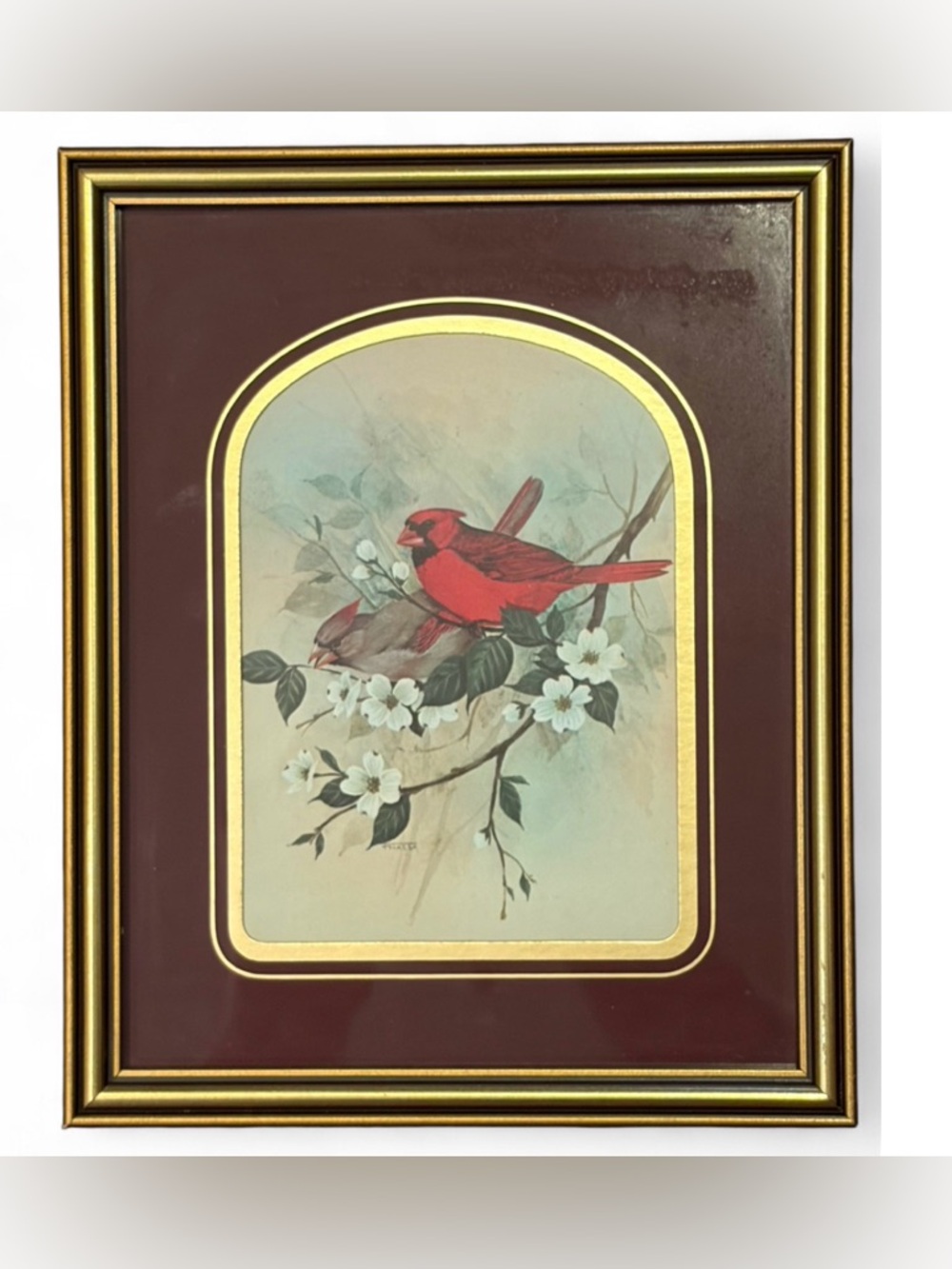 F Massa Vintage Male & Female Cardinal in Flowering Tree Art Print, Framed Bird